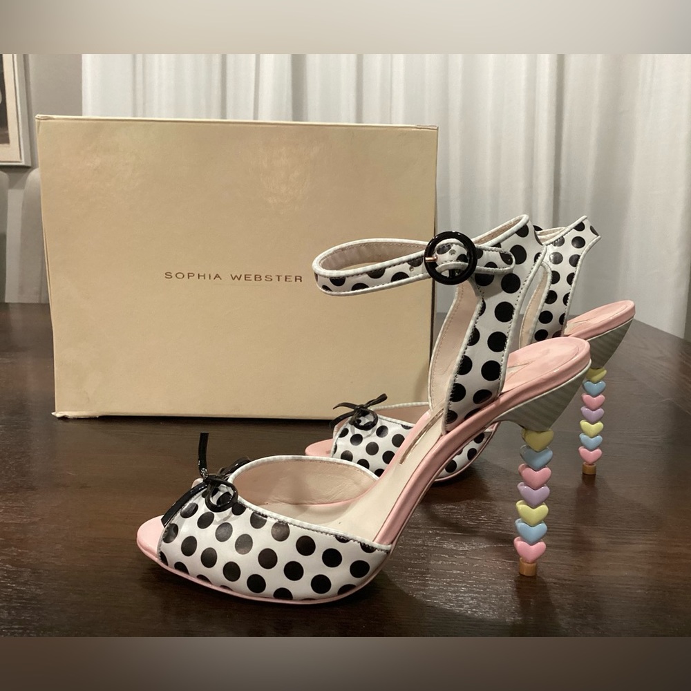 RARE! SOPHIA WEBSTER Black and White Swiss Dots Heart Heel Ankle Sandals